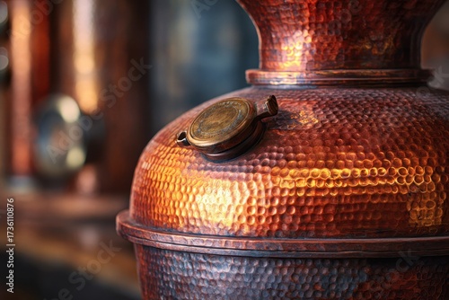 Copper Distillation Equipment with Intricate Patterns and Warm Tones in Rustic Setting