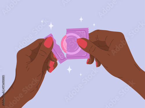 Female hands open condom package. Women's fingers holding condom package and tearing it. Cartoon concept of contraception method, protection against infections and unwanted pregnancy, safe sex.
