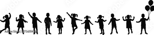 Children silhouettes, kids vector illustration, boy and girl clipart, playful poses, balloon silhouette, childhood activity, happy children icons, black white design