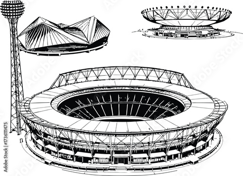 Modern Stadium Architecture Vector Featuring Circular Arenas, Tower, and Angular Roofs in Black and White Line Art Style