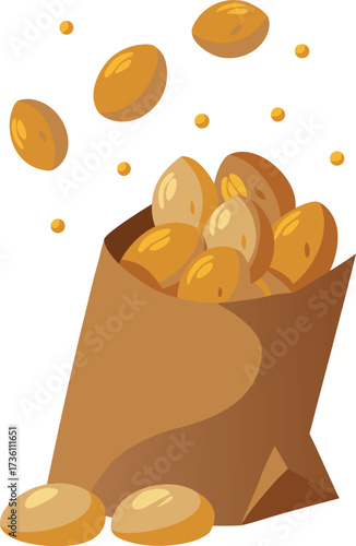 Brown paper bag overflowing with golden coins and scattered coins