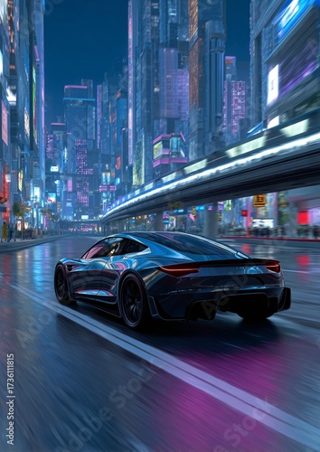 Futuristic Electric Car Racing Through Neon-Lit Cityscape at Night with Vibrant Energy