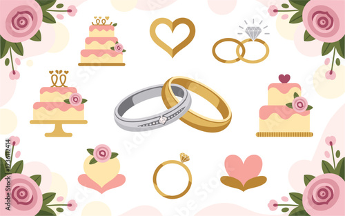 Wedding Rings, Cake & Love Elements Pack vector on white background