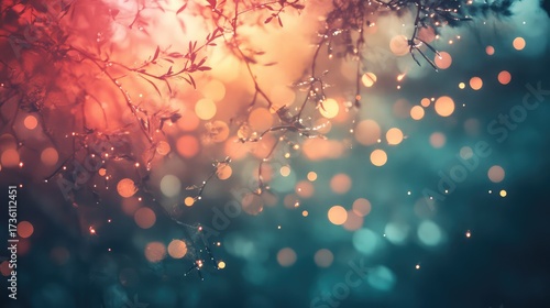 Delicate branches illuminated with warm and cool bokeh light