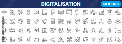 Set of 60 vector icons on digitalisation, including technology, data, AI, cloud, and online communication. Clean, minimal, and scalable for web, apps, and infographics.