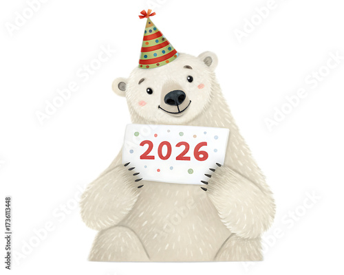 A cartoon polar bear wearing a party hat and holding a sign displaying the year two thousand and twenty six