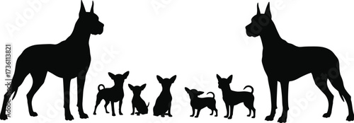 Dog silhouettes, Great Dane, Chihuahua, big and small dogs, contrast size vector, pet illustration, animal comparison, puppy clipart, canine breeds, family pets