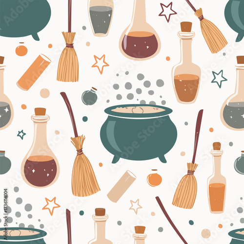 Witchcraft and magic potion bottles and brooms pattern