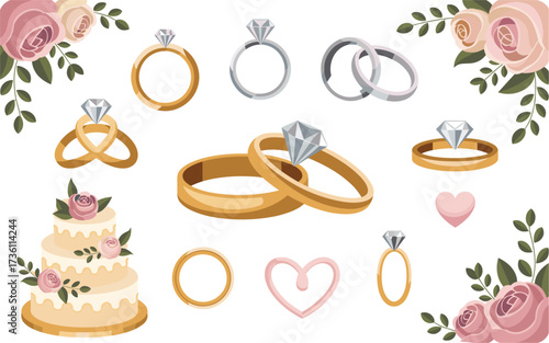 Wedding Rings, Cake & Love Elements Pack vector on white background