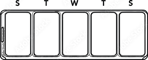 Weekly Pill Organizer Vector Featuring Five Compartments with Day Initials in Black and White Line Art Style