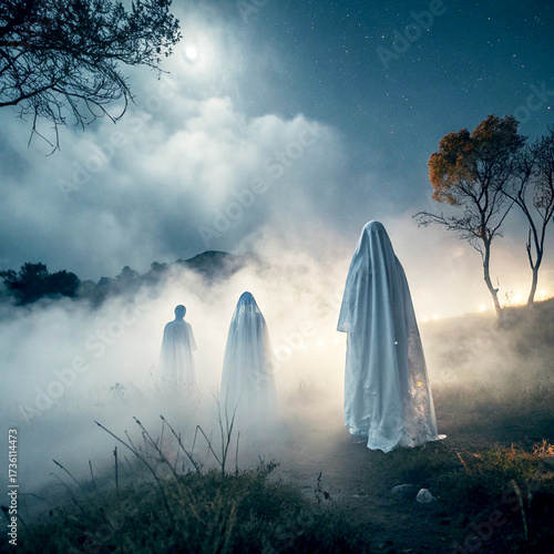 Eerie moonlight night with mysterious figures shrouded in white in misty landscape, perfect for Halloween designs and spooky season promotions now