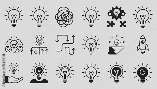 Diverse lightbulb and innovation concept icons symbolizing creativity and new ideas