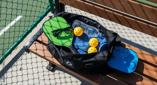 Pickleball bag with paddles and balls on a bench by a court