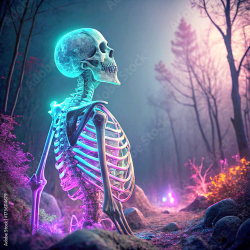 Ethereal skeleton glowing in mystical forest, a captivating and surreal concept for fantasy art, Halloween designs, or thought-provoking symbolism