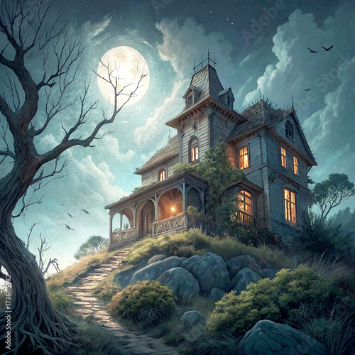 Eerie Victorian house glows under the moonlight, perfect backdrop for spooky stories, Halloween events, or mysterious tales, creating a chilling atmosphere
