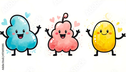 Three joyful watercolor cartoon blob characters with smiling faces and hearts on white background, perfect for kids' designs