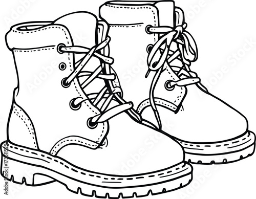 Lace-Up Boots Vector Featuring Rugged Soles, Reinforced Stitching, and Padded Collars in Black and White Line Art Style