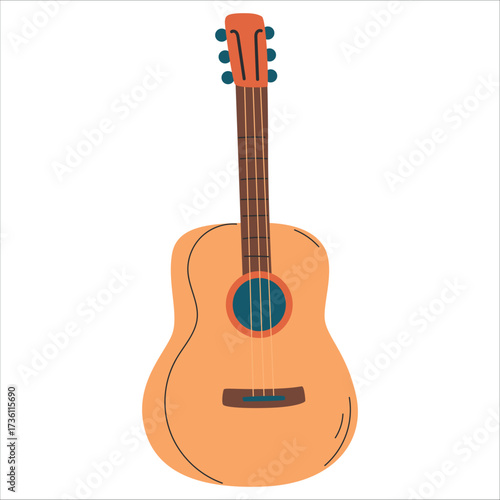 A simple acoustic guitar with a light wood finish and six strings. The guitar has a round sound hole and a smooth body shape.