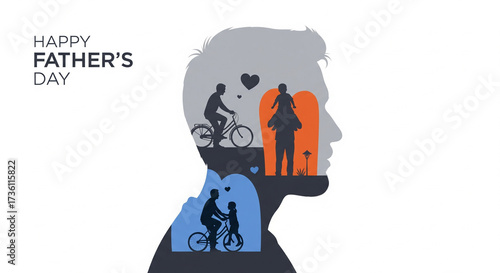 Happy Father's Day conceptual illustration. Double exposure silhouette of a father's head filled with loving memories of bonding with his child, riding a bike and playing together.