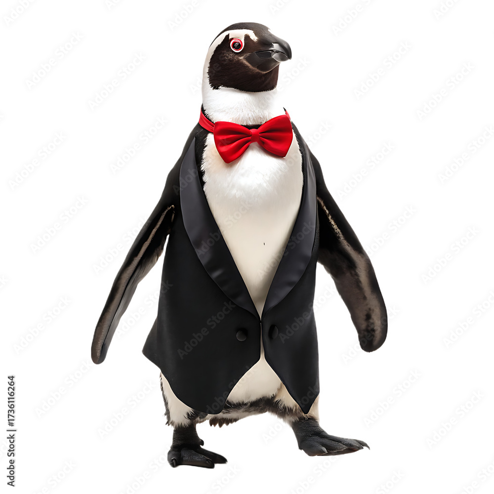 Fototapeta premium A penguin wearing a tuxedo and a red bow tie standing on a white background looking to the right side