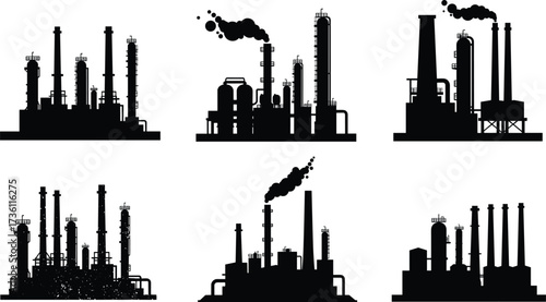 Industrial refinery factory silhouettes, oil plant, petrochemical industry, power plant towers, energy production, manufacturing illustration