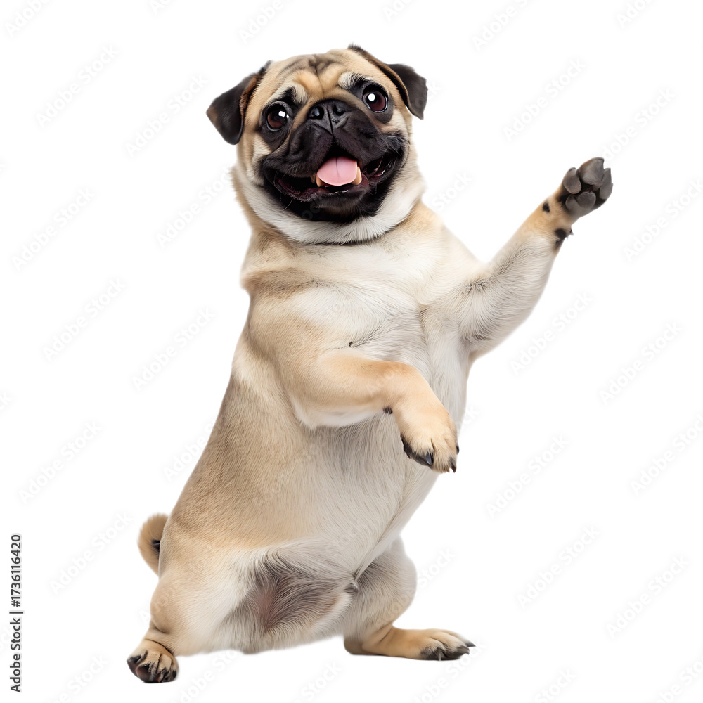 Fototapeta premium A light brown pug standing on its hind legs with its tongue out and its paw raised on black background