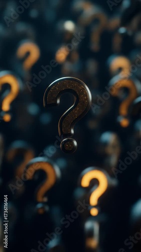 A close-up of a textured gold question mark floats in front of blurred darker question marks