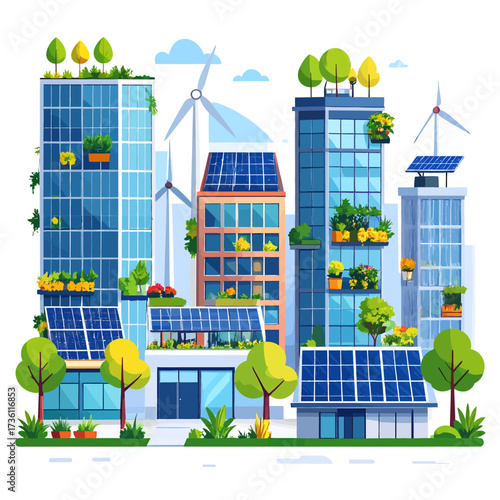 Vibrant illustration of a sustainable city with green buildings, solar panels, and wind turbines.