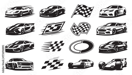 Dynamic racing cars and flags sketch art collection dynamic motor sport automotive art visuals