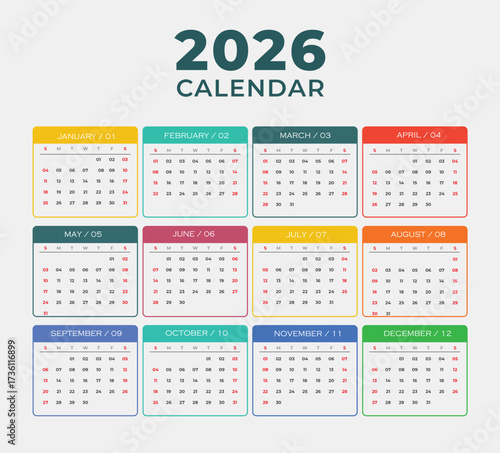 Calendar 2026 year - vector illustration. Week starts on Monday. Calendar Set for 2026 year.  Colorful Yearly Wall Calendar Template Layout 2026