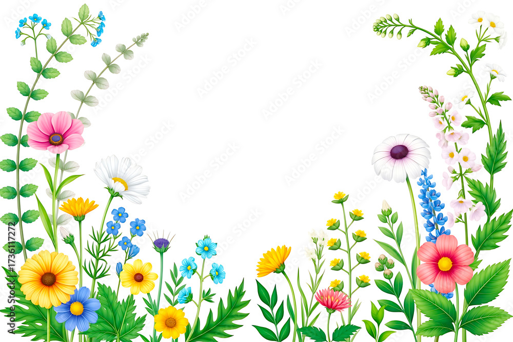 Fototapeta premium Watercolor Floral Border with Wildflowers and Greenery on White - Bright, Hand-Painted, and Ideal for Spring or Summer Designs 