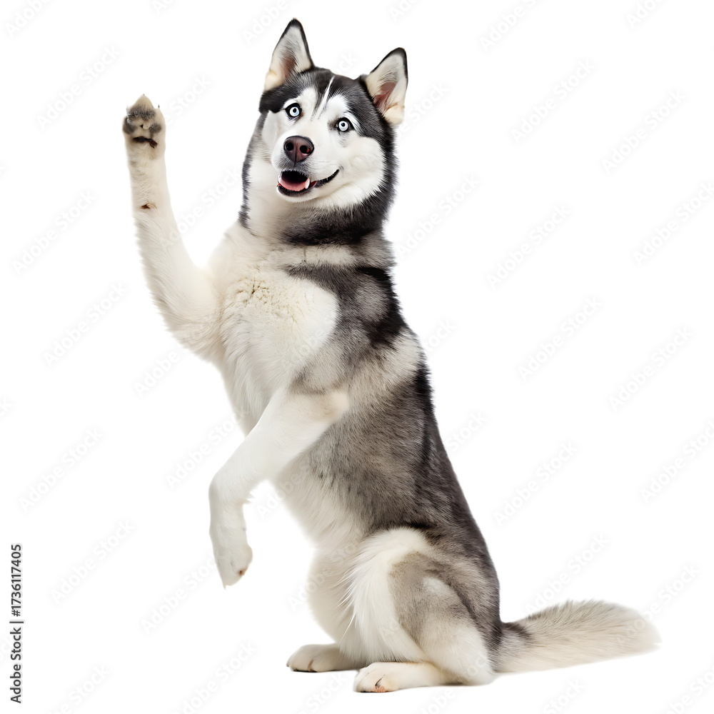 Fototapeta premium A husky dog sitting on its hind legs with its paw raised against a black background in a studio shot