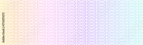 Guilloche pattern, passport rainbow watermark intersecting wavy lines with pastel rainbow gradient background