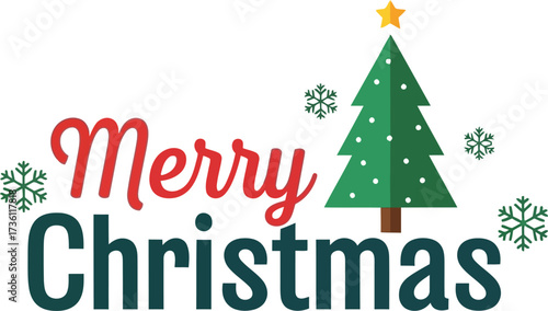 Merry christmas greeting with tree and snowflake decorations