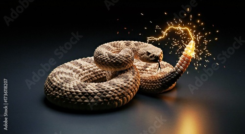 A rattlesnake coiling in 3D animation, tail rattling with sparks, ready to strike.