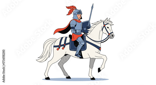 A medieval knight in armor rides a white horse.