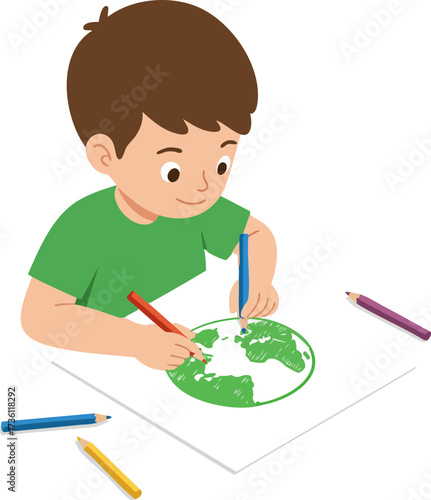 Flat Illustration of Little Boy Drawing Globe on Paper with Crayons