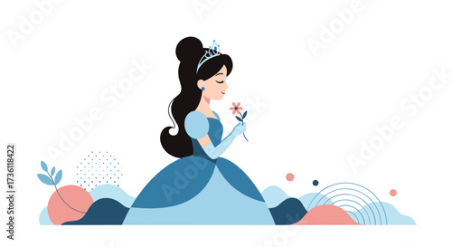 A beautiful princess in a blue gown smells a delicate pink flower.