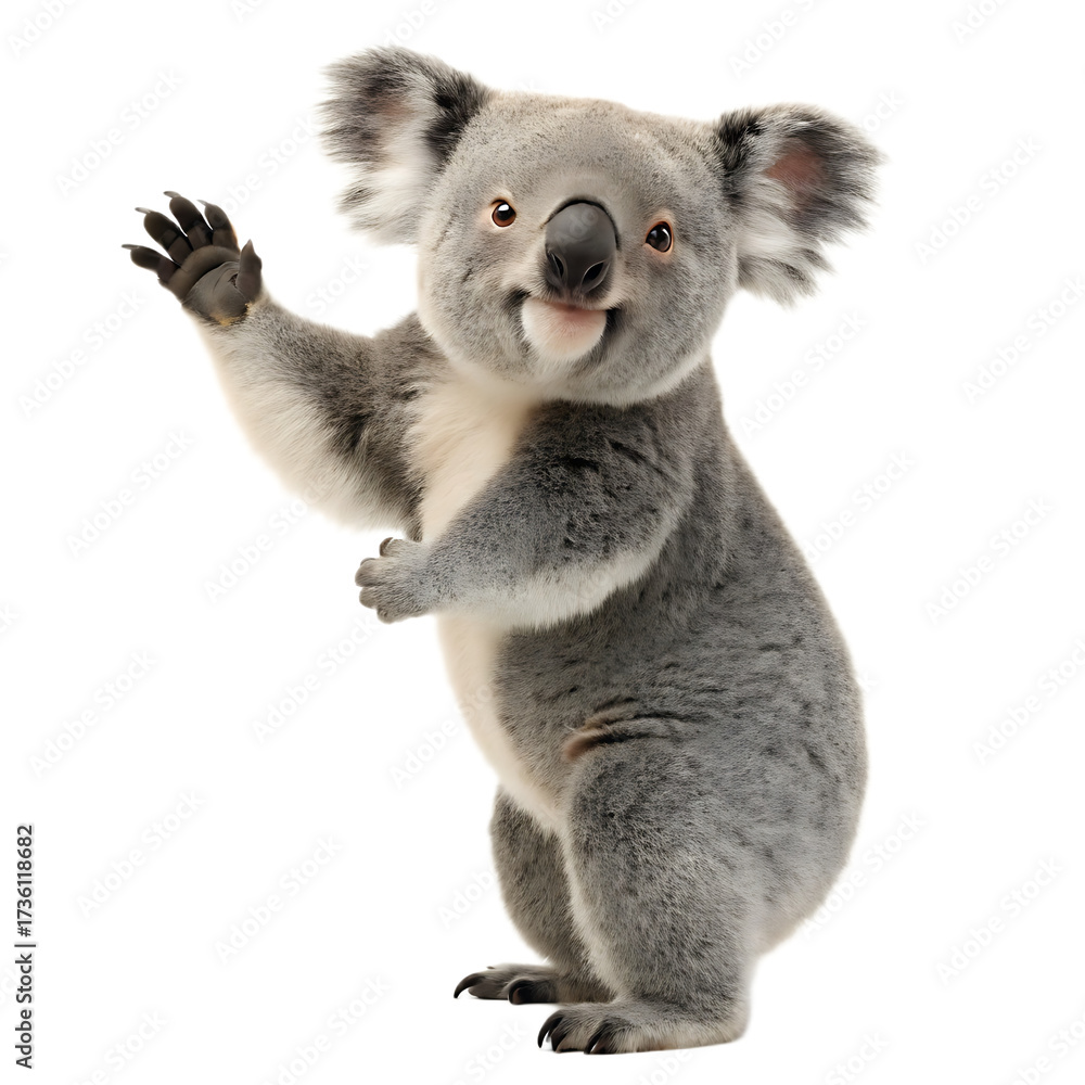 Obraz premium A full body shot of a koala standing and waving on a black background with its tongue slightly out