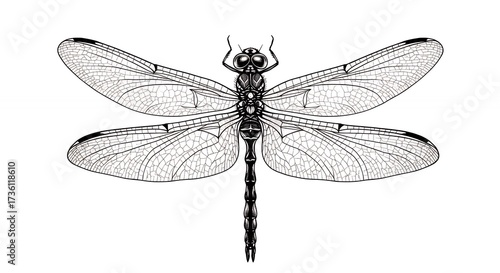 Detailed illustration of a dragonfly with transparent wings and intricate body details against a white background