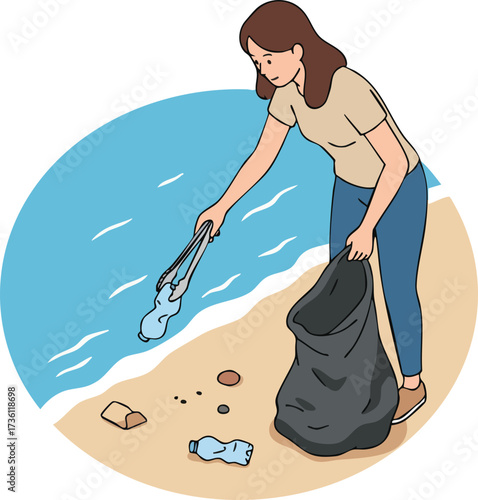 Clean Up Crew Handdrawn Woman Collecting Trash on Beach Illustration