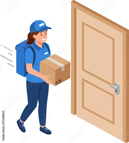 Isometric Delivery Woman Holding Cardboard Package Near Door Illustration
