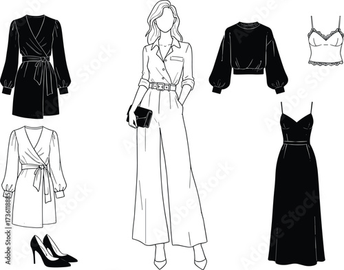 Fashion illustration women, clothing sketches, stylish outfits, dress jumpsuit crop top, sweater lingerie design, high heels accessory, trendy fashion vector art