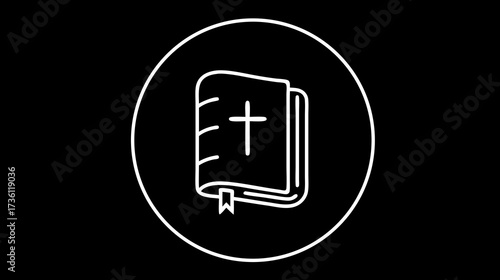 White line icon of a holy book with a cross, in a circular frame on a black background. Symbolizing Christianity, faith, and spiritual guidance.