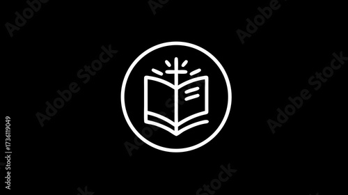 Open book with radiating light in circle icon, symbolizing religion, spirituality, sacred texts, wisdom, faith, and divine knowledge.