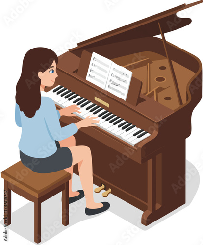 Colorful Flat Style Woman Playing Grand Piano with Music Sheet