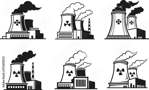 Nuclear power plant vector set, atomic energy station, radioactive facility, industrial smoke, energy production icons