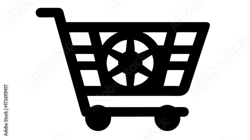 Black shopping cart icon with a star emblem. Symbolizing online shopping, e-commerce, retail, consumerism, purchasing, and service.