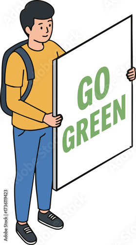Isometric Standing Man Holding Go Green Sign Eco Awareness Illustration