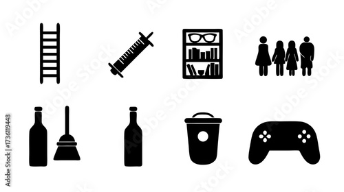 Collection of diverse black silhouette icons featuring common everyday objects: ladder, syringe, bookshelf, family, bottles, broom, trash can, gamepad.
